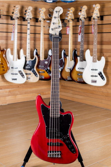 Squier (by Fender) Vintage Modified Jaguar Bass V Rosewood Fingerboard Crimson Red Transparent